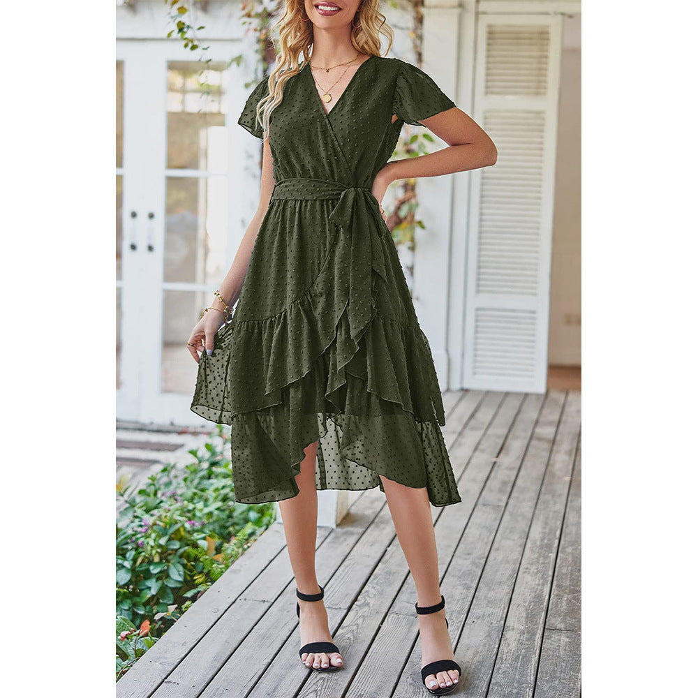 V-Neck Short Sleeves Lace-Up Jacquard Ruffled Wrap Dress Wholesale Dresses