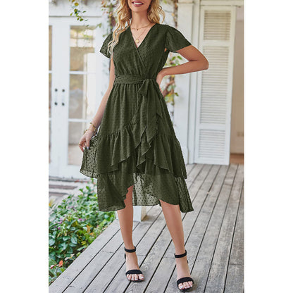 V-Neck Short Sleeves Lace-Up Jacquard Ruffled Wrap Dress Wholesale Dresses