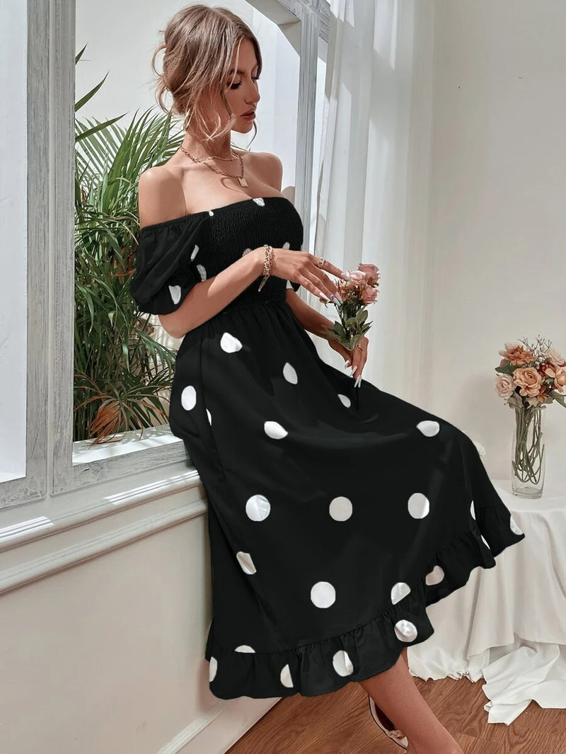 Polka Dot Print Square Neck Puff Sleeve Ruffle Midi Dress Wholesale Dresses