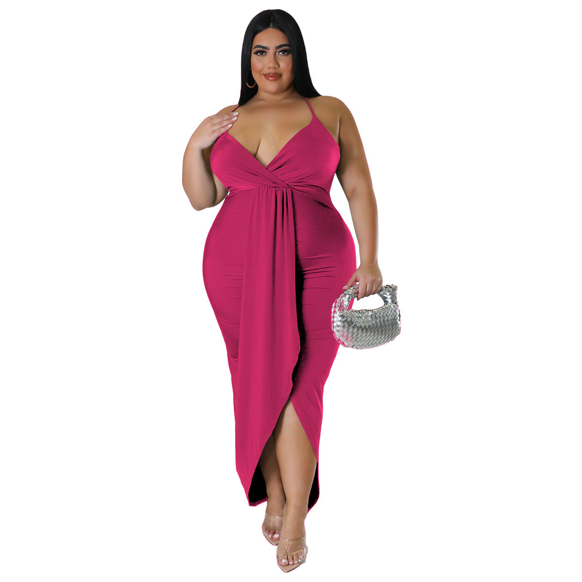 Deep-V Neck Strap Sleeveless Sling Ruched Sexy Curvy Maxi Dresses Wholesale Plus Size Clothing