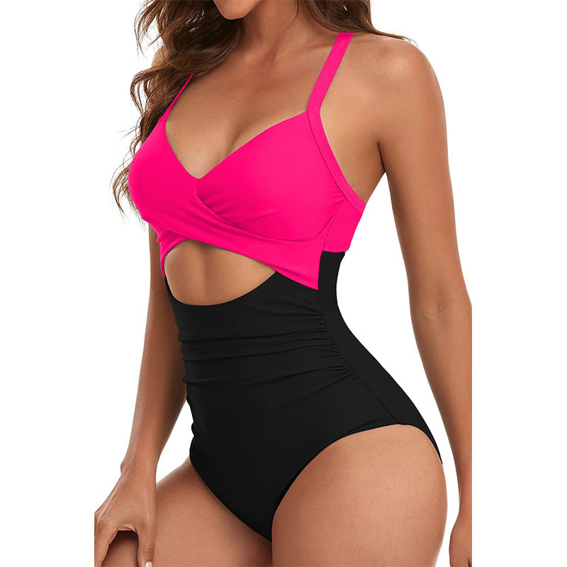 Stitching Sexy Hollow Cross Sling Triangle One-Piece Swimsuit Wholesale Women'S Clothing