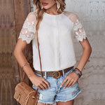 Lace Stitching See-Through Short Sleeve Fashion Blouse Wholesale Womens Tops