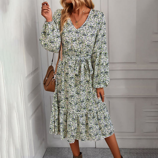 Casual Long-Sleeved Floral Print V-Neck Chiffon Ruffle Dress Wholesale Dresses