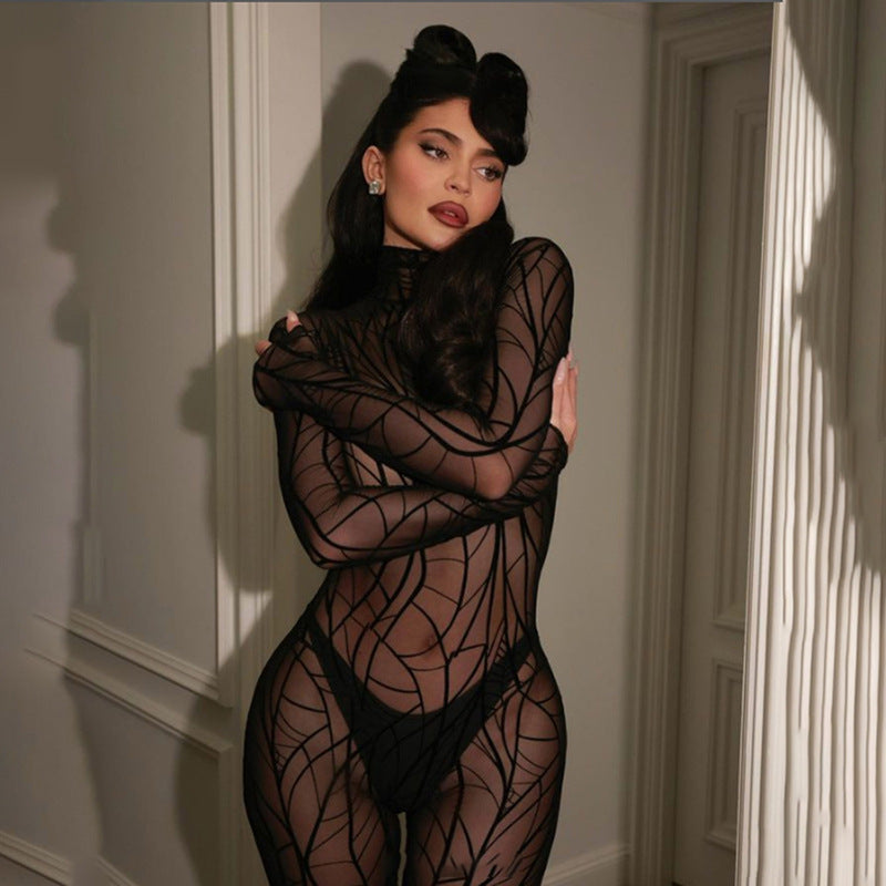 High Collar Long Sleeve Fashion Print Sexy Mesh See-Through Jumpsuit Wholesale Women'S Clothing