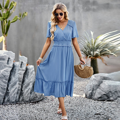 Casual Solid Color V-Neck Waist Open Dress Wholesale Dresses