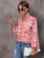 Zebra Print Crossover Knot Long Sleeve Women Shirts Wholesale Blouse