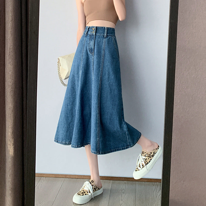 Fashion High Waist A-Line Denim Skirts Double Button Midi Wholesale Skirts