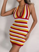 Sexy Strap Halter Deep V Striped Dress Bodycon Backless Wholesale Dresses