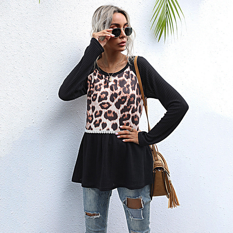 Casual Stitching Leopard Tops Loose Crew Neck Wholesale Womens Long Sleeve T Shirts