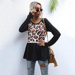 Casual Stitching Leopard Tops Loose Crew Neck Wholesale Womens Long Sleeve T Shirts