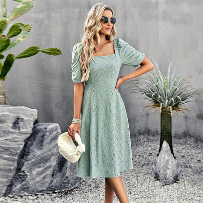 Temperament Solid Color Square Collar Short-Sleeved Long Dress Wholesale Dresses