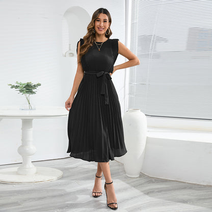 Solid Color Ruffle Sleeve Tie-Up Waist Mid-Length Elegant Pleated Dress Wholesale Dresses N5323021800029