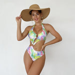 Contrasting Color Printing Irregular Hollow-Out Halter Neck One-Piece Swimsuit Wholesale Women'S Clothing