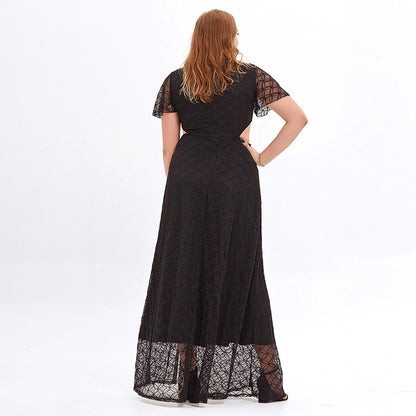 Sexy Cutout Lace Slit Maxi Dress Solid Color Short Sleeve Dresses Wholesale Plus Size Clothing