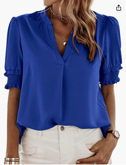 V-Neck Puff Short Sleeve Chiffon T-Shirt Wholesale Womens Tops