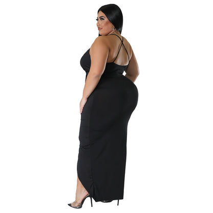 Deep-V Neck Strap Sleeveless Sling Ruched Sexy Curvy Maxi Dresses Wholesale Plus Size Clothing