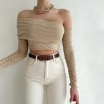 Sexy Solid Color One-Line Collar Strapless Long-Sleeved Wrap Top Wholesale Womens Tops