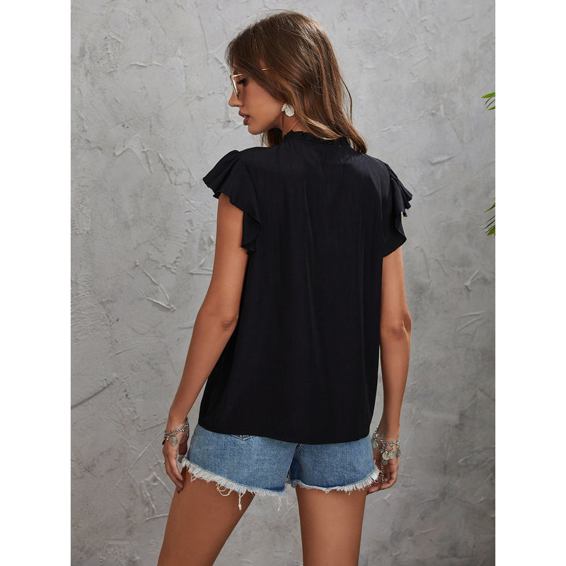 Tie-Up Collar Ruffle Short Sleeve Solid Color T-Shirts Wholesale Womens Tops