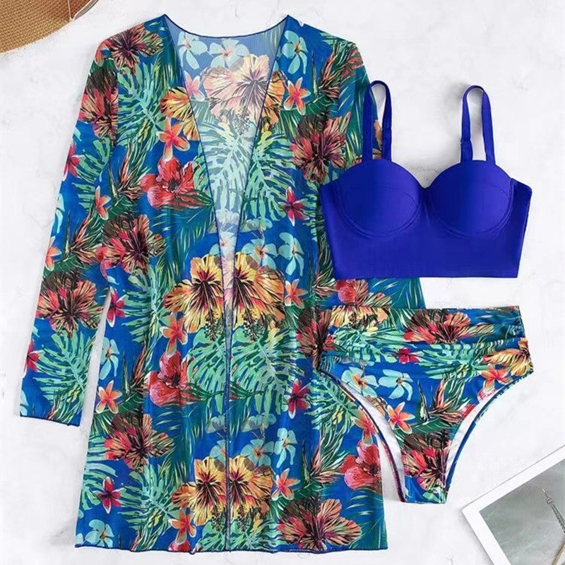 High Waist Long Sleeve Mesh Print Bikini Three-Piece Swimsuit Wholesale Women'S Clothing