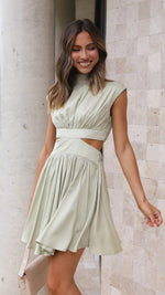 Solid Color Summer Hollow Waist Stand Collar Pleated Dress Wholesale Dresses