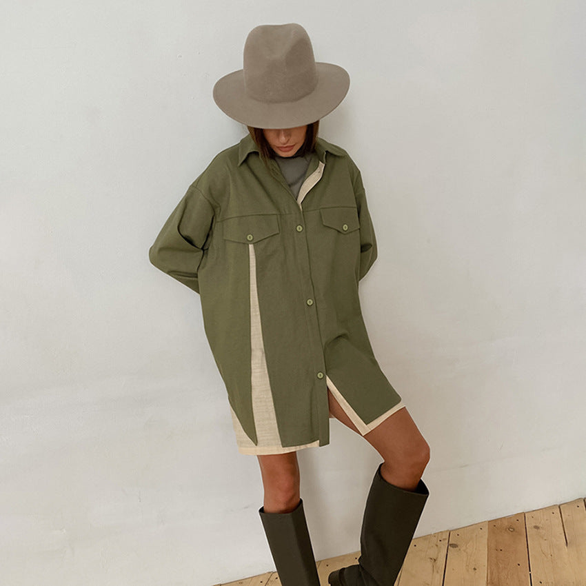 Fashion Long Sleeve Shirt Colorblock Loose Shirtdress Wholesale Shirt Dresses