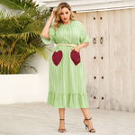 Fashion Striped Heart Print Midi Dress Ruffled Short Sleeve Dresses Wholesale Plus Size Clothing