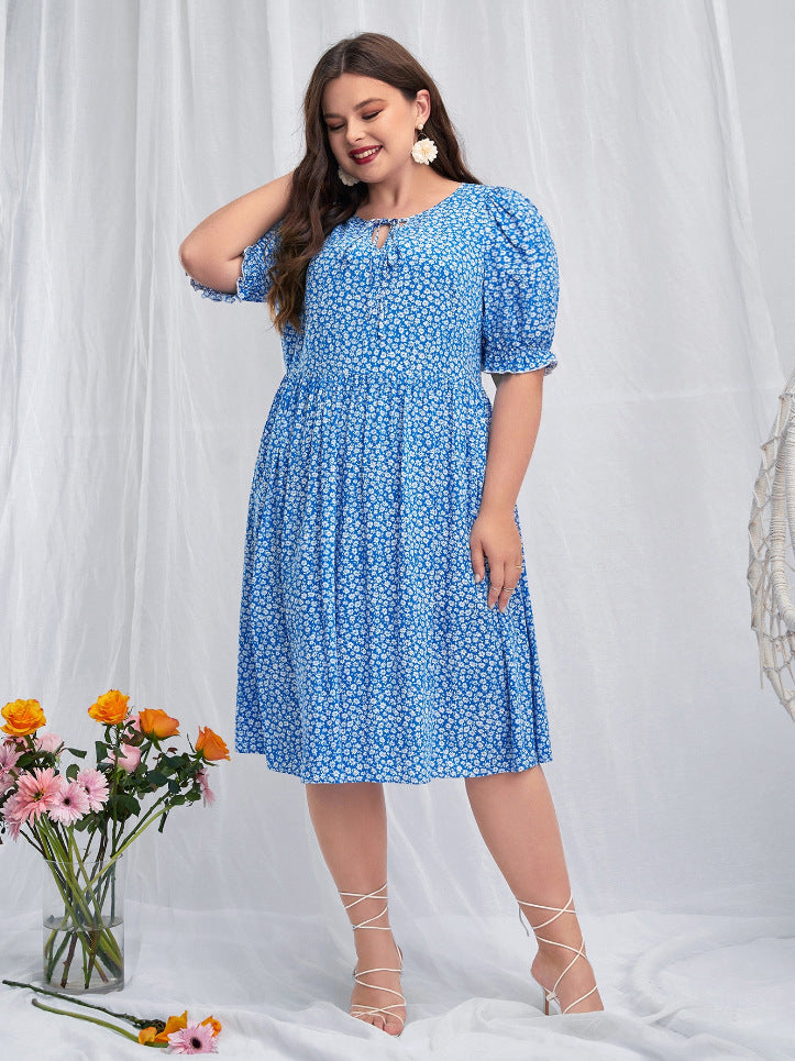 Wholesale Women'S Plus Size Clothing Printed Loose Puff Sleeve Round Neck Tie Dress