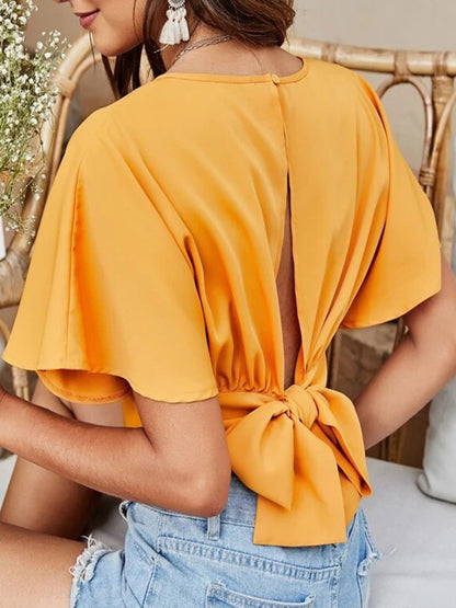 Fashion Solid Color Hollow V-Neck Straps Bat Sleeve Top Wholesale Womens Tops