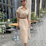 Elegant Solid Color Short Sleeve Single-Breasted Lapel Long Shirt Dress With Waistband Wholesale Dresses