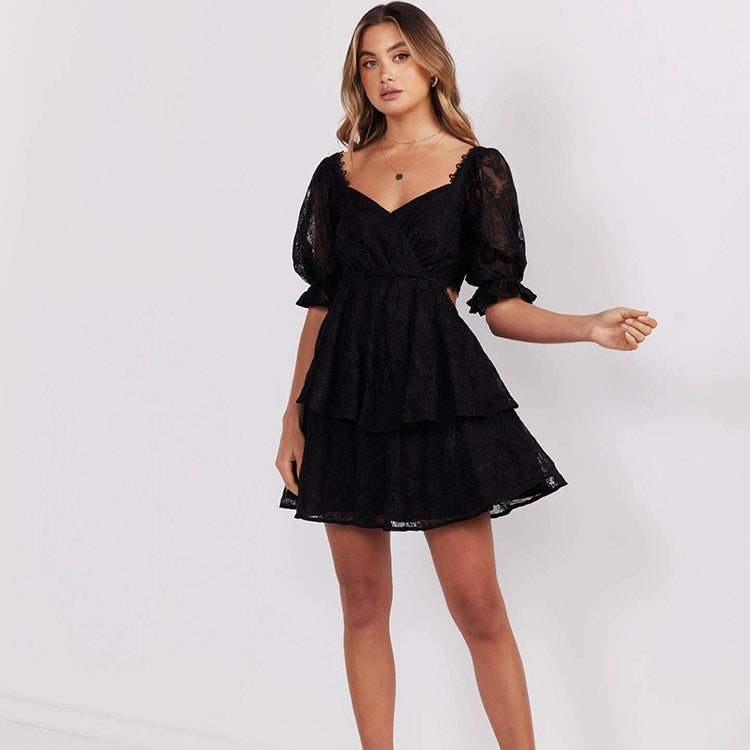 Lace See-Through Puff Sleeve Hollow Backless Tie Dress Wholesale Dresses