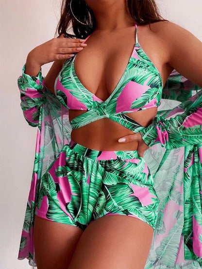 Floral-Print Boxer Halterneck Tie-Up Swimsuit Three-Piece Set Wholesale Women'S Clothing