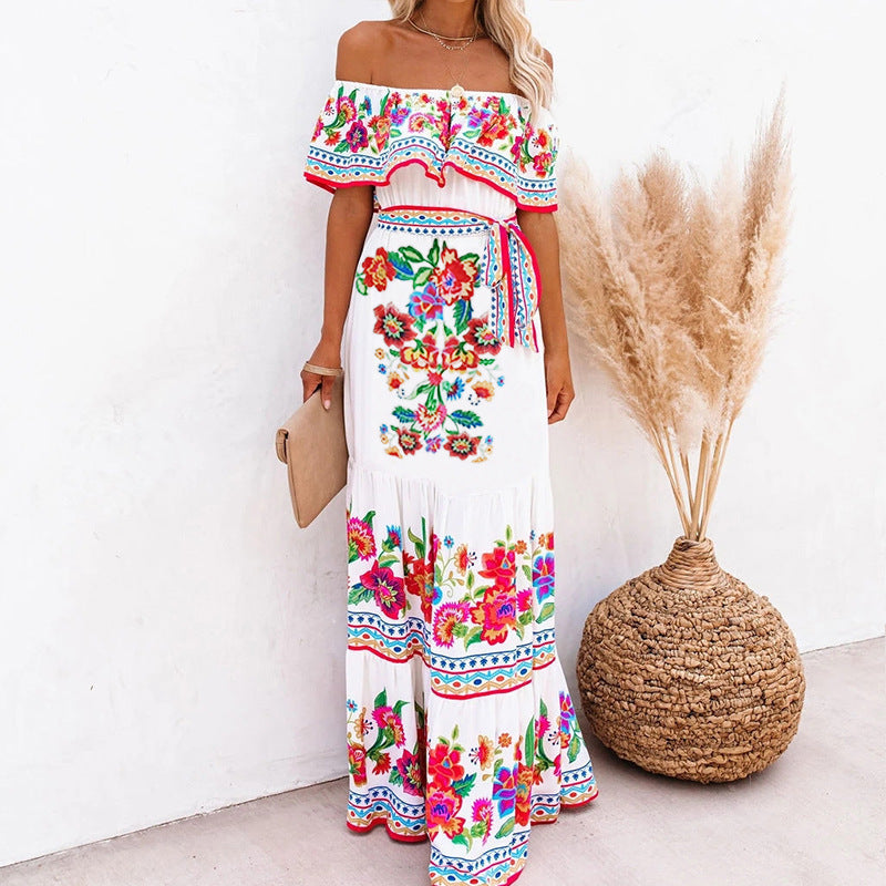 Off-Shoulder Collar Ethnic Style Printed Long Lace-Up Bohemian Dress Wholesale Maxi Dresses