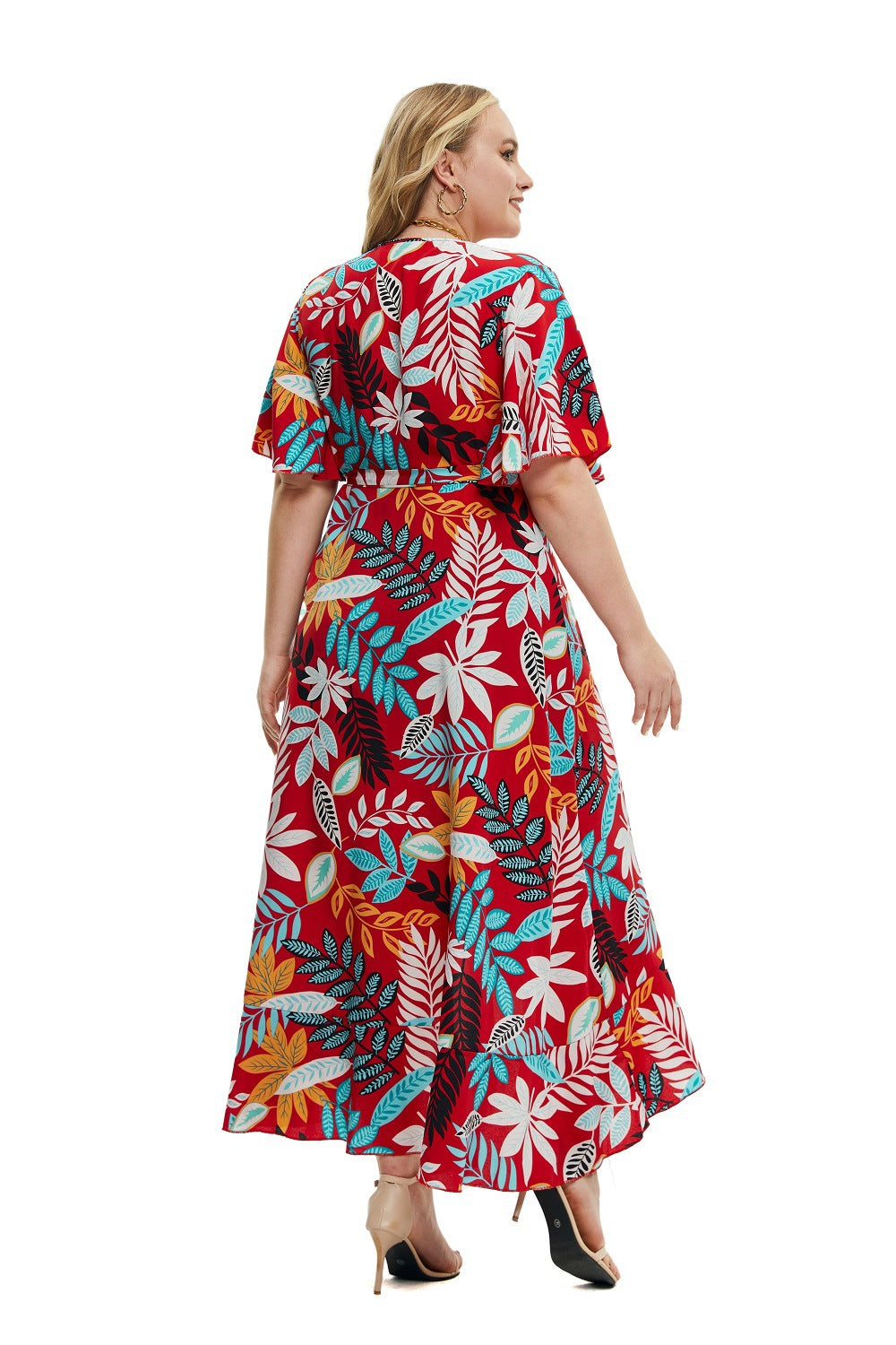 Wholesale Women'S Plus Size Clothing Irregular Short Sleeve Printed Wrap Bohemian Dress