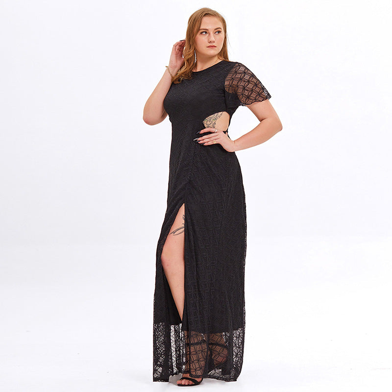 Sexy Cutout Lace Slit Maxi Dress Solid Color Short Sleeve Dresses Wholesale Plus Size Clothing