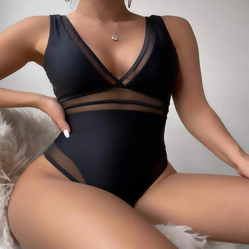 Low-Cut Triangle Solid-Color Mesh Stitching One-Piece Swimsuit Wholesale Women'S Clothing