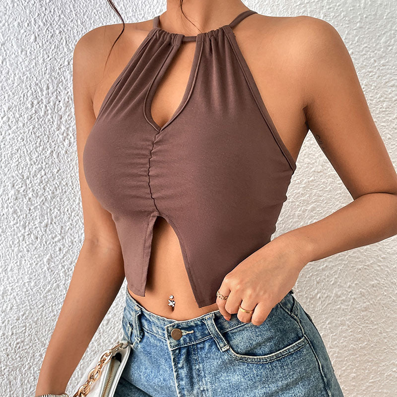 Sexy Hanging Neck Strap Solid Color Hollow Slit Crop Tops Wholesale Women'S Tops