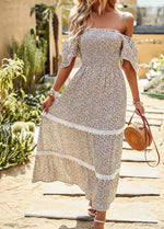 Elegant Ruffle Sleeve Floral Print Strapless Collar Long Dress Wholesale Dresses