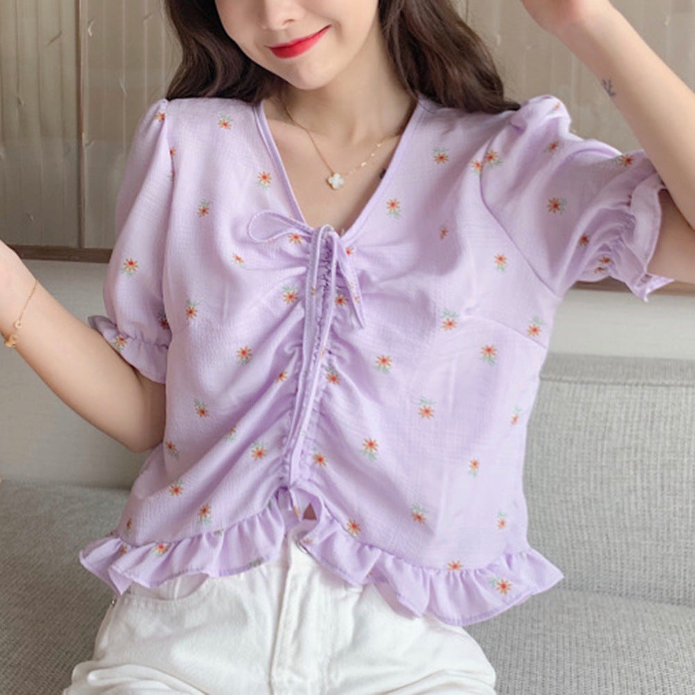 Fashion Floral Drawstring Navel Ruffle Irregular Short-Sleeved T-Shirt Wholesale Womens Tops