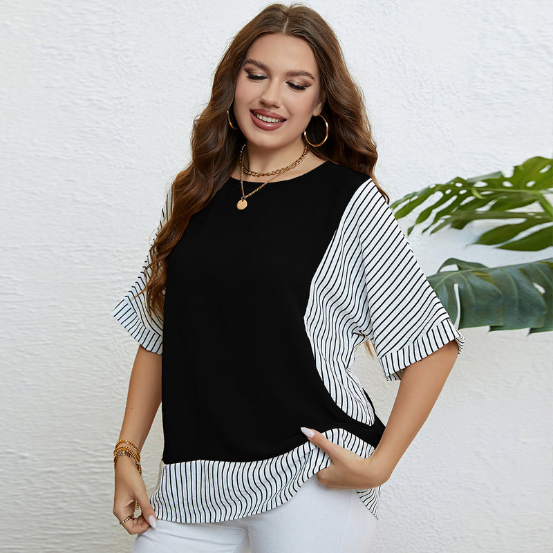 Wholesale Women'S Plus Size Clothing Round Neck Striped Panel Short-Sleeved Top
