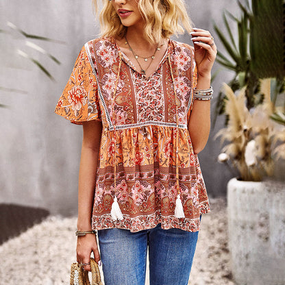 Bohemian Casual Short Sleeve Tie Tassel Blouses Wholesale Women'S Tops