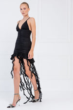Ribbon Shirring Deep V Open Back Strap Solid Color Dress Wholesale Dresses