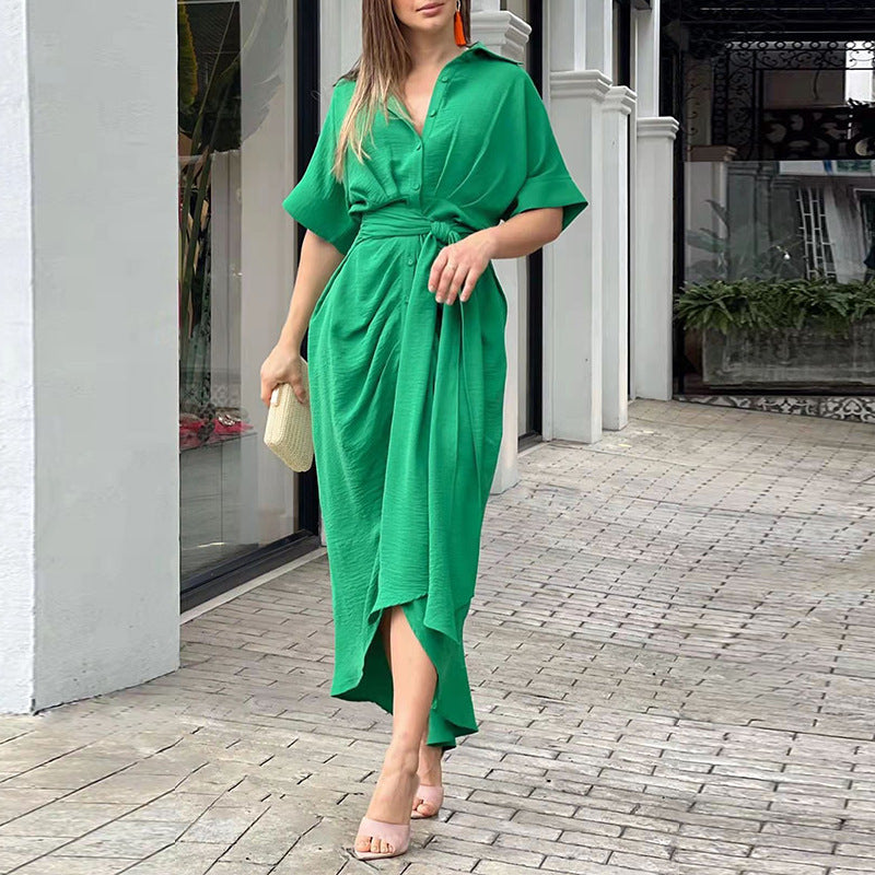 Elegant Shirtdress Short Sleeve Pleated Shirt Dress Wholesale Maxi Dresses