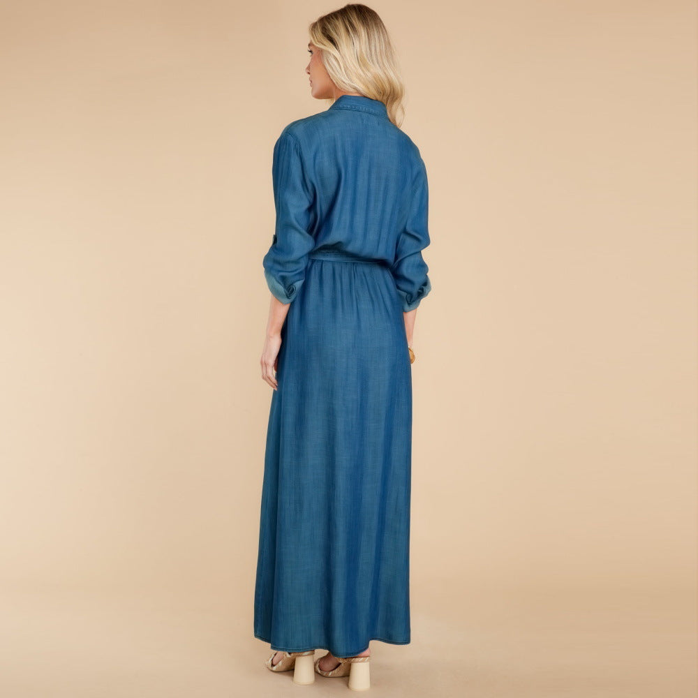 Fashion Long Sleeve Slit Denim Shirtdress Wholesale Maxi Dresses