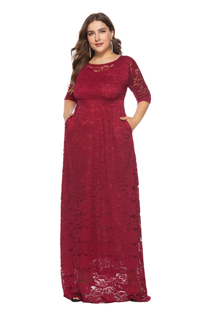 Sexy Hollow Lace Maxi Dress With Pockets Solid Color Long Sleeve Wholesale Plus Size Clothing