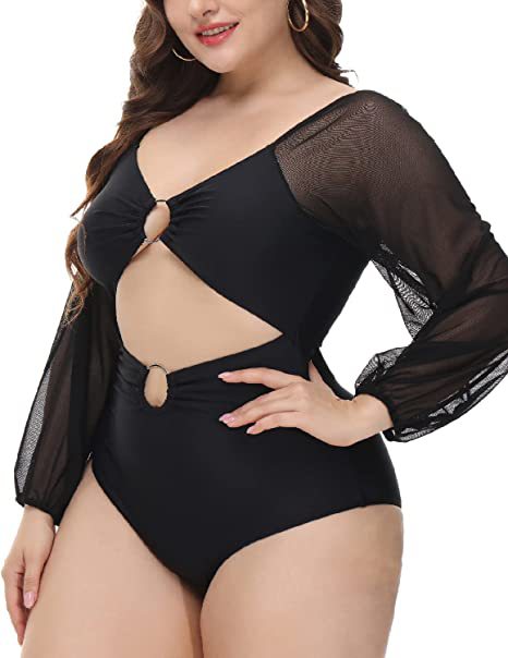 Wholesale Women'S Plus Size Clothing Solid-Color Mesh-Paneled One-Piece Swimsuit