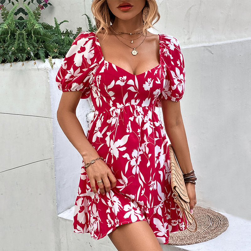 Sexy Open Back Retro Puff Sleeve Square Collar Printed Doll Dress Wholesale Dresses