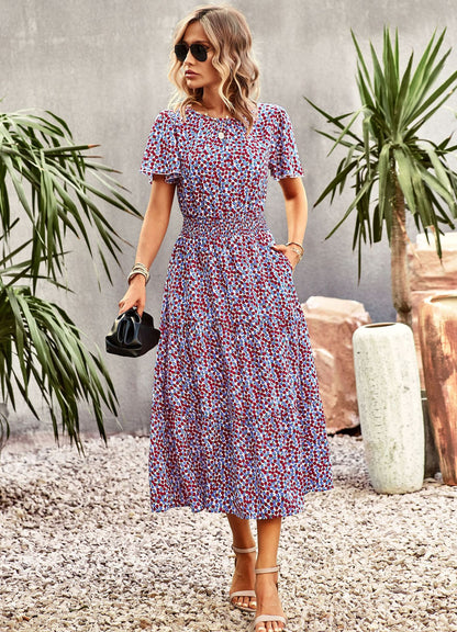 Summer Elegant Waist Short-Sleeved Long Floral Dress Wholesale Dresses