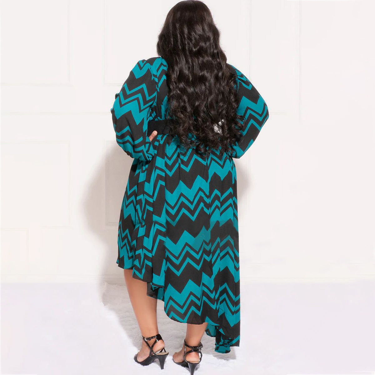 Long Sleeve Printed Irregular Curvy Maxi Dresses Wholesale Plus Size Clothing