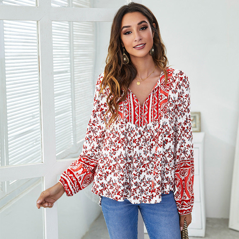 Printed Loose Lantern Long Sleeve Casual Bohemian Shirts Wholesale Womens Tops