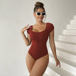 Solid Color Zipper Short Sleeve One Piece Swimsuit Wholesale Womens Swimwear